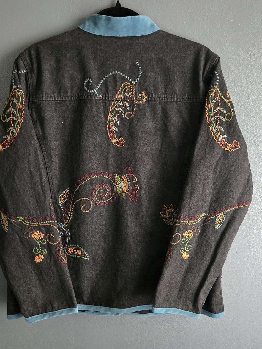 Denim&Co Vtg Embroidered Cotton Black Western Boho Whimsigoth Jean Jacket Medium - Picture 3 of 7